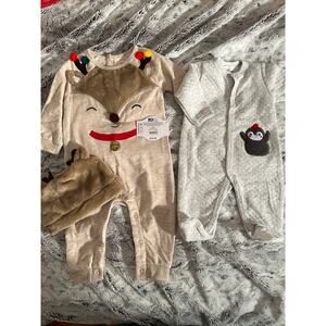 Baby 2 Piece Pajama Set Reindeer Penguin‎ Holiday Outfit 0-3 and 12m